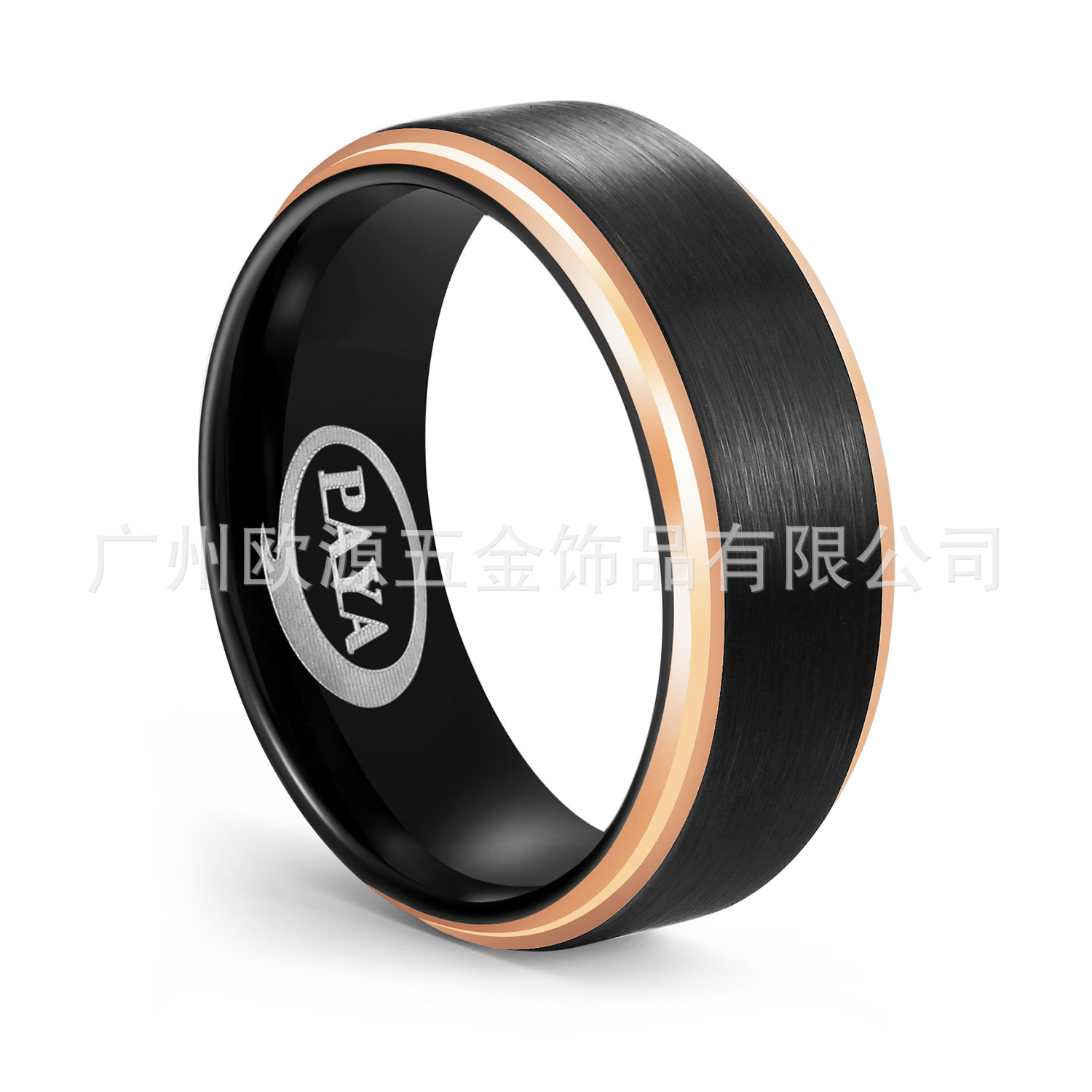 广州欧源工厂直销 钨钢戒指 黑色拉砂间玫瑰金欧美风 定制镭射
