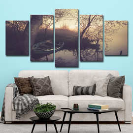 跨境ebay wish5板墙艺术 雾 湖 倒影 树 黎明 船风景图片装饰