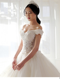 Fashion Shoulder princess dream lace tail bride wedding dress