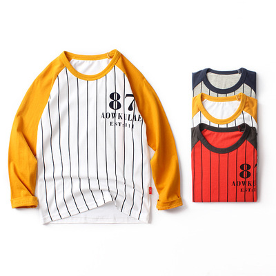 童T恤2020春季新款韩版男童长袖打底衫 中大童纯棉拼色圆领长袖衫