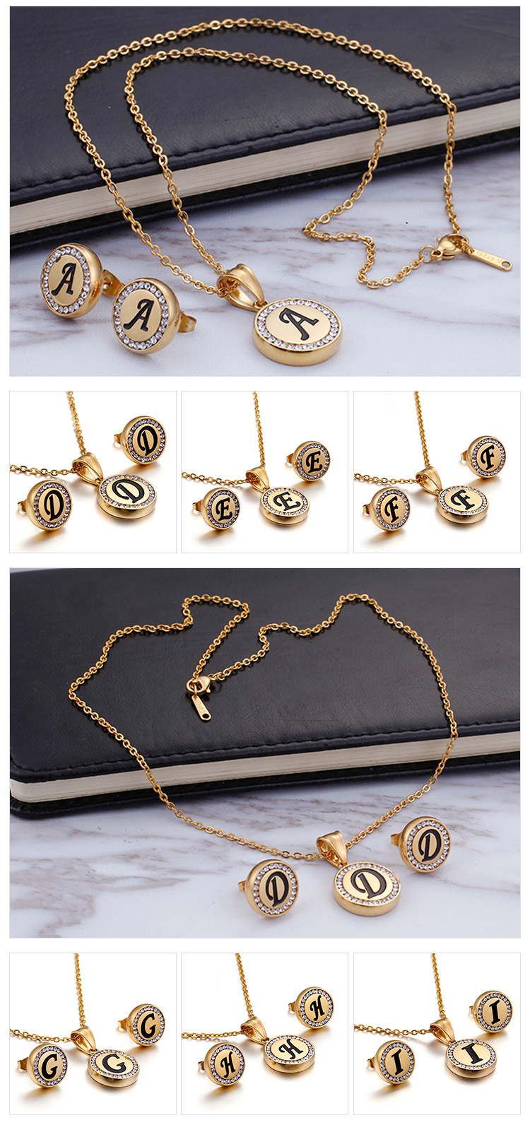 Korean stainless steel 26 letters diamond necklace earrings set wholesale Nihaojewelry