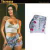 Embroidered three-dimensional flower high waist slim denim shorts