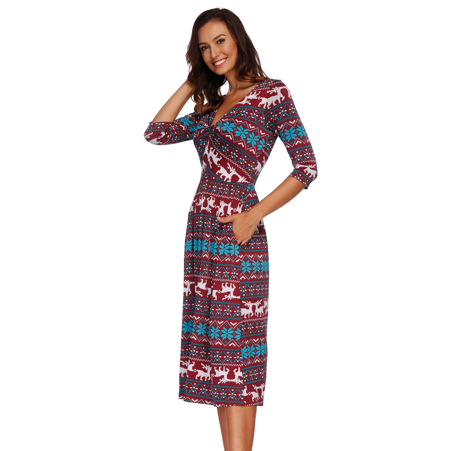Christmas Reindeer Print Dress Three Quarter Sleeve Double Pockets Casual Style Wholesale Available