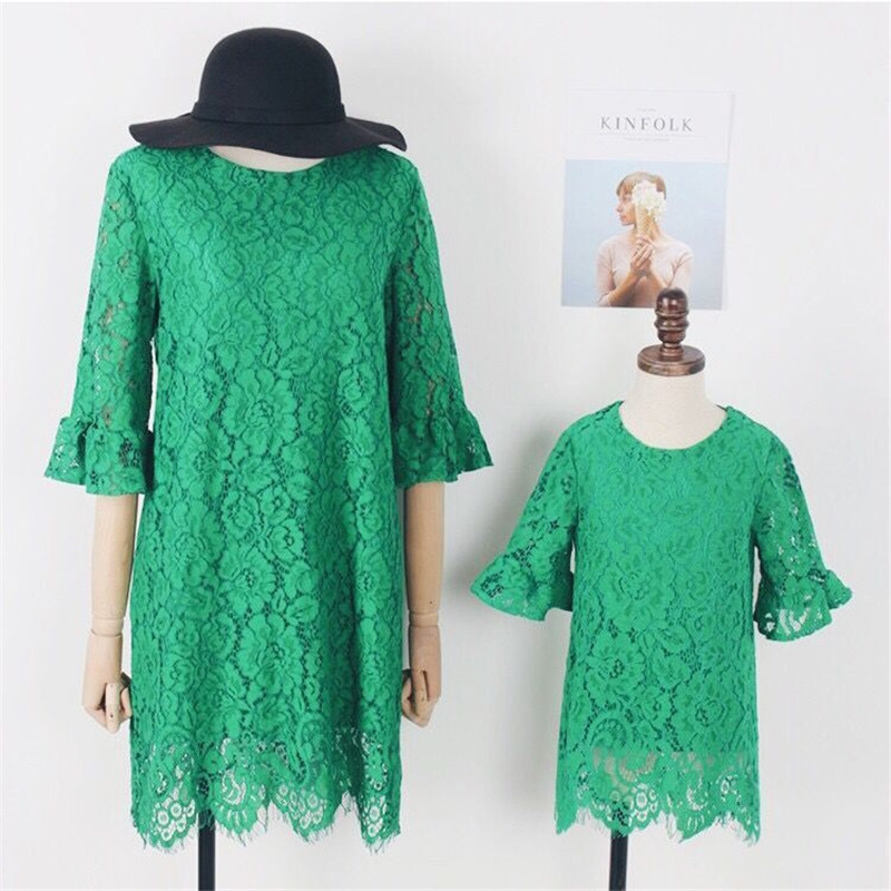 2018春秋新款母女亲子装绿色蕾丝中袖连衣裙亲子连衣裙全球代发|ms