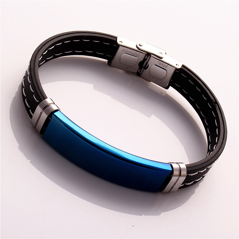 Blue glossy silicone bracelet stainless steel
