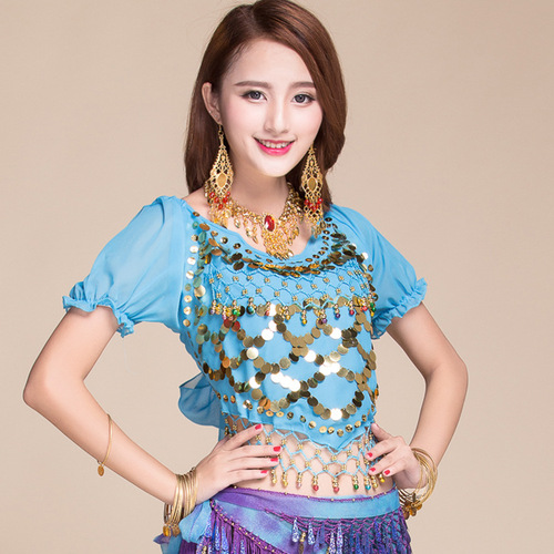 Belly dance tops Indian dance clothing practice clothes tops sequin puff short sleeves straps