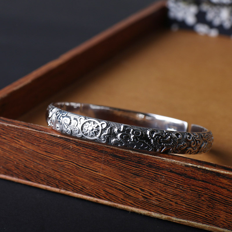 S999 Foot Silver Bracelet Thai Silver Relief Buddhist Eight Treasure…