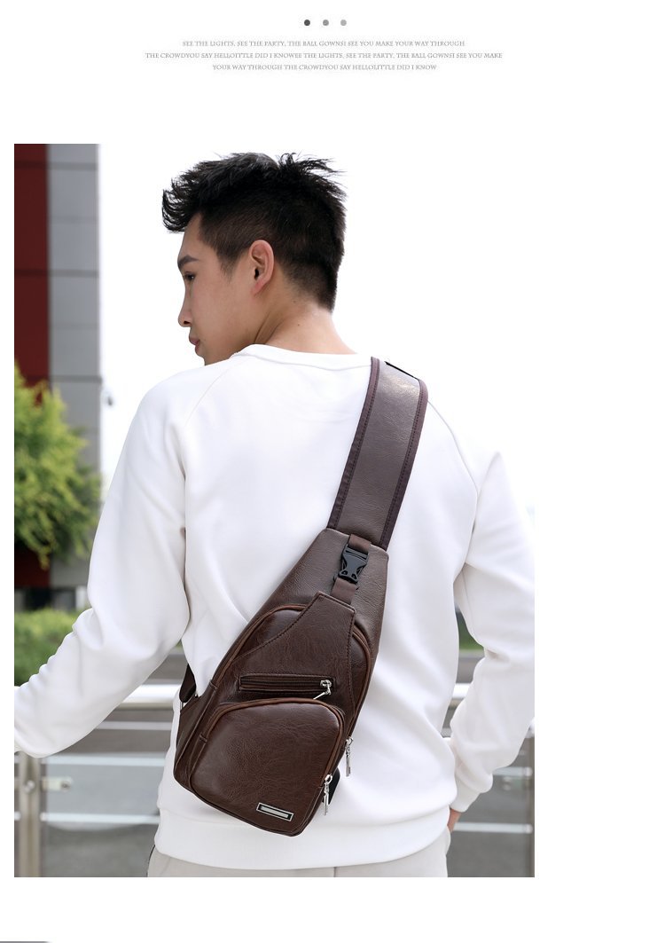 Cross -border explosion USB men's chest bag portable charging casual mesengers outdoor sports PU chest bag