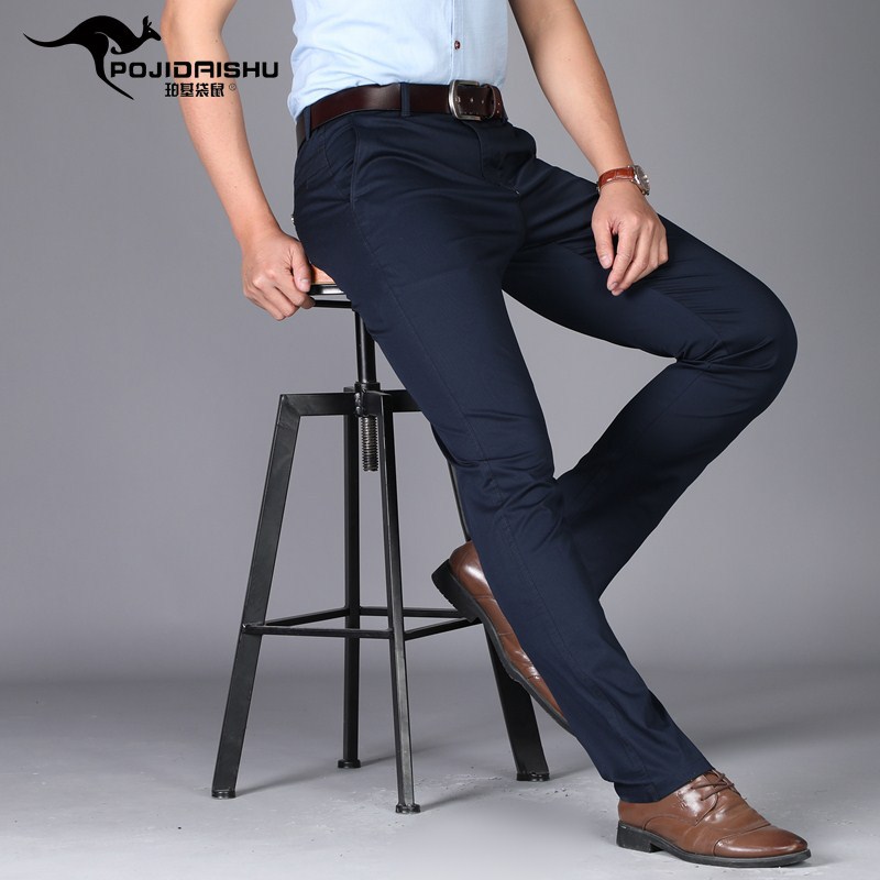 珀基袋鼠薄款男式弹力休闲裤中腰直筒商务休闲青年中年春夏男裤子