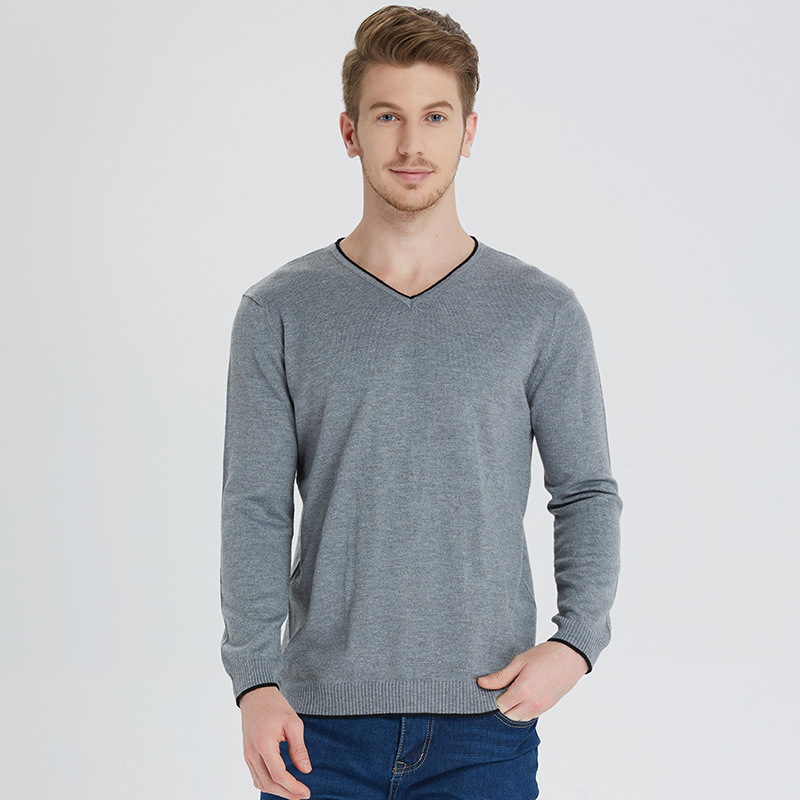 艾奴丹商务撞色加边V领套头毛衣针织针织衫休闲打底衫青年秋冬|ms