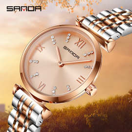 三达厂家直销新款时尚简约镶钻罗马刻度女士钢带防水时装石英手表