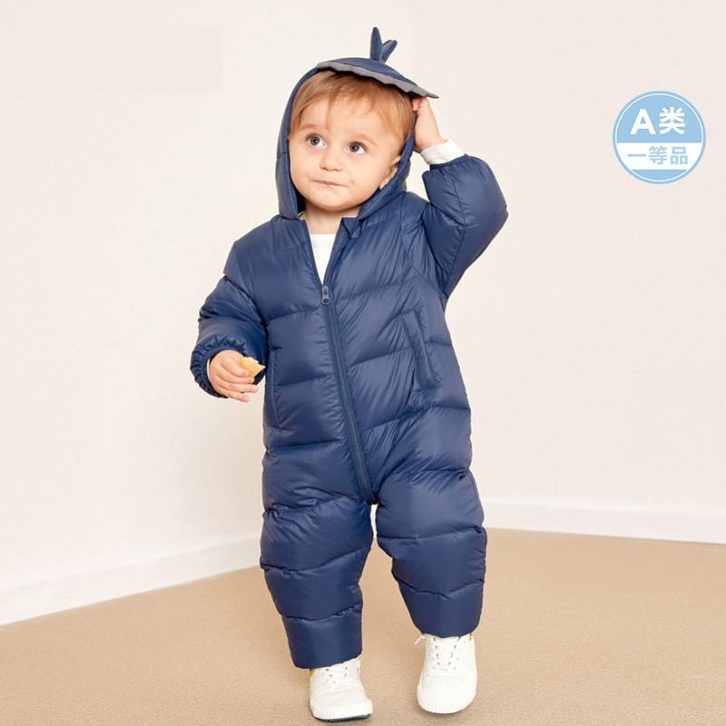 现货婴儿羽绒服连体外出爬服恐龙新生儿男女宝宝哈衣冬抱衣白鸭绒|ru