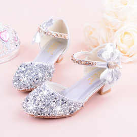 女童皮鞋高跟2024秋季水钻蝴蝶结小公主模特表演水晶单鞋亮片银色