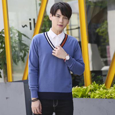 艾奴丹撞色男士商务V领针织针织衫毛衣青年时尚打底衫秋冬代发|ms