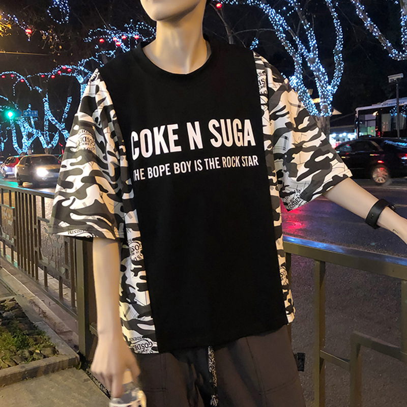 Chaopai Short sleeved personality Trend camouflage Korean Edition student Easy bf Harajuku wind ulzzang Elbow sleeve