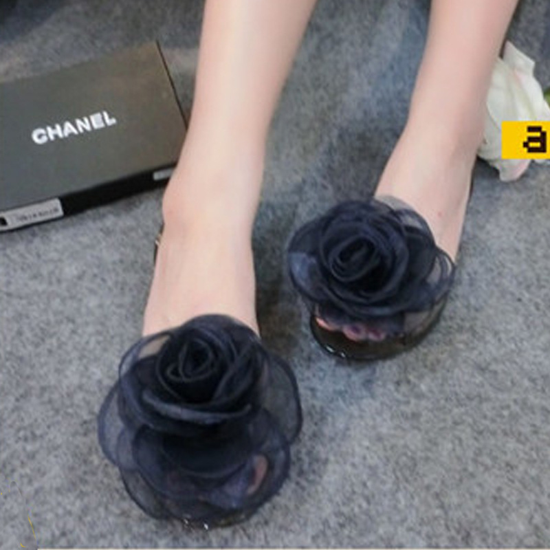 A summer rose Sandy beach Women's Shoes Chiffon Camellia plastic cement Fish mouth Flat bottom Sandals waterproof PVC Sandals