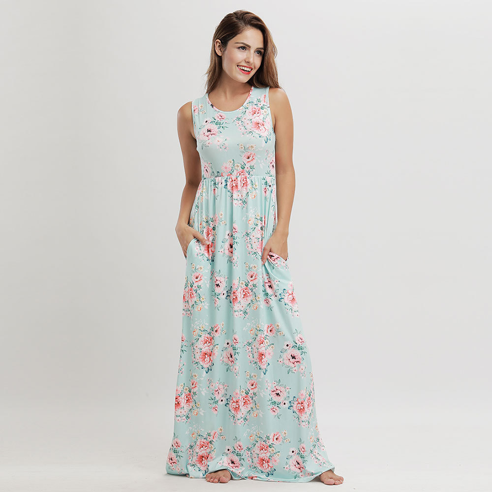 Summer Floral Print Maxi Dress Sleeveless Round Neck Beach Style Wholesale Available custom packaging