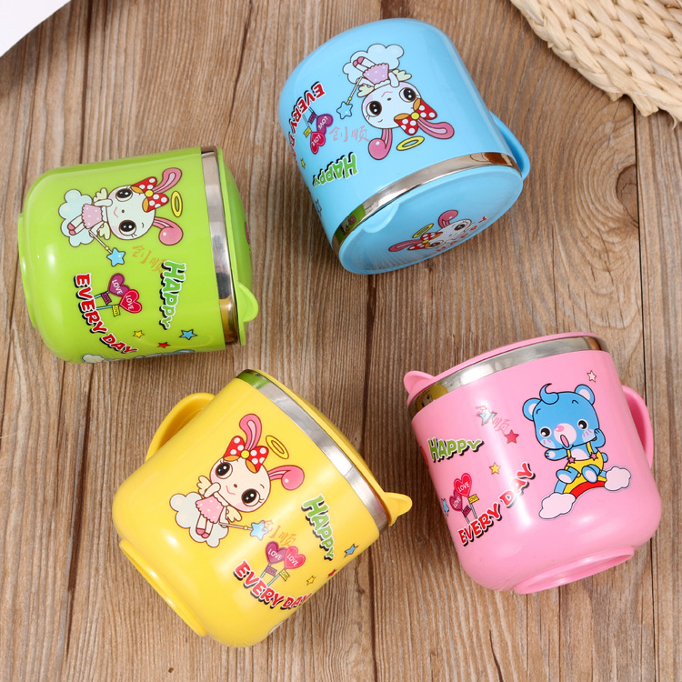 304不锈钢水杯双层耐摔儿童口杯幼儿园带盖手柄水杯卡通图案杯
