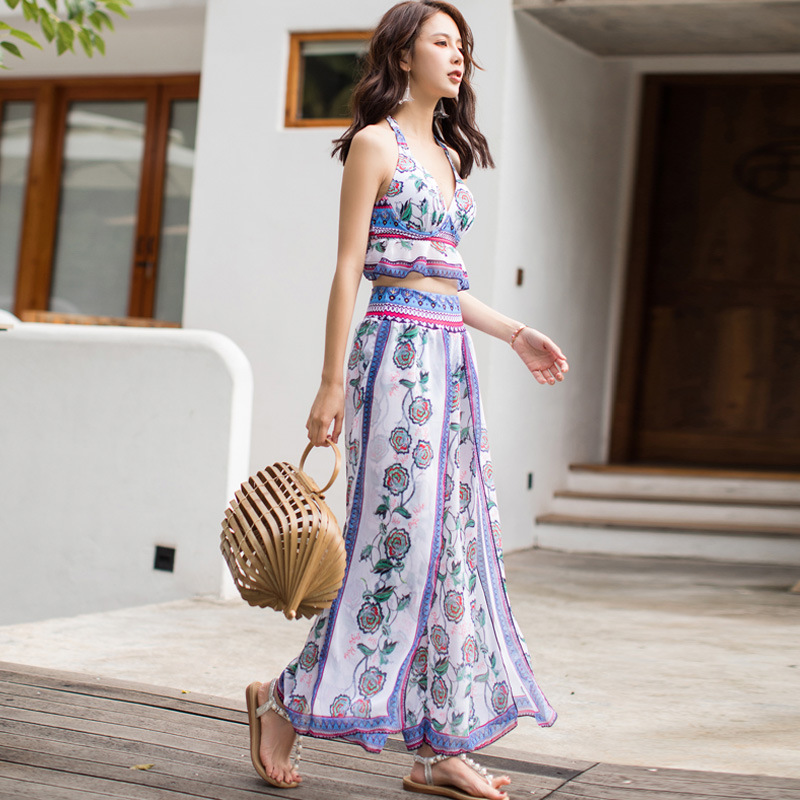 韓國ins泳裝三件套  聚攏素雅印花 幹淨清爽防曬沙灘泳裝