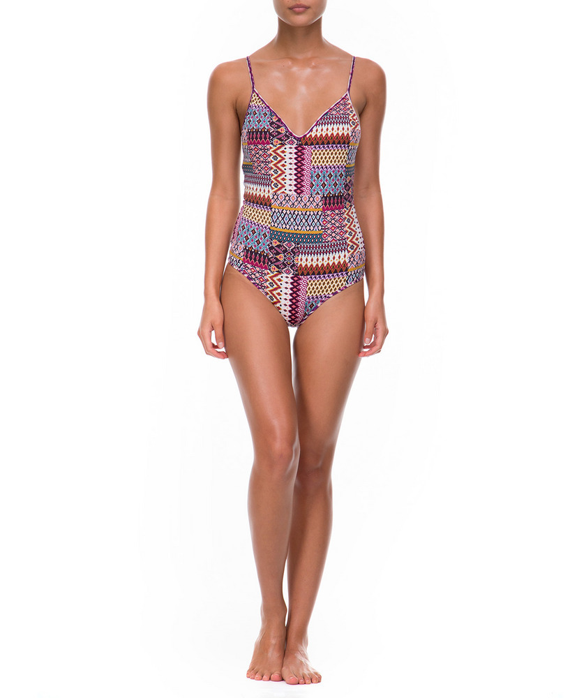 Geometric Pattern Purple Deep V One Piece Swimsuit Sexy Design Beachwear Comfortable Fit Wholesale Available