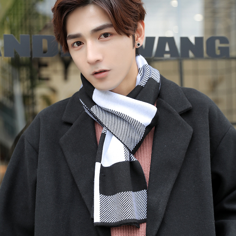 2020秋冬季韩版新款格子拼花围巾男士年轻人加厚保暖围脖一件代发