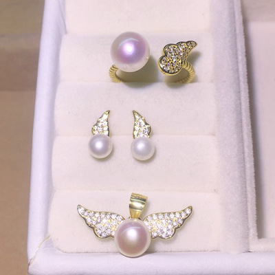S925 Sterling Silver Pearl jewelry suit Spread its wings Freshwater pearls Ear Studs Pendant Ring Three-piece Suite