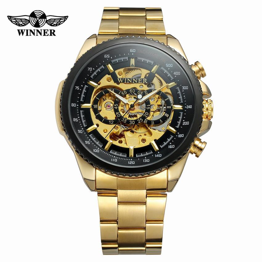 Ganador hombres de moda casual reloj hueco movimiento mecánico gran dial reloj de oro reloj mecánico automático 428
