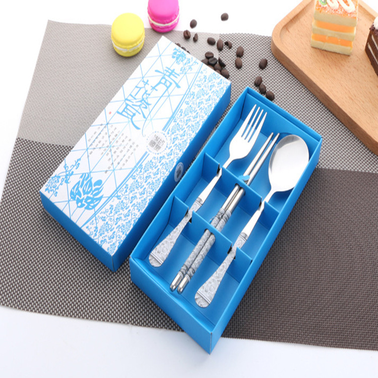不锈钢创意青花瓷餐具叉子勺子筷子家用餐具三件套礼品可印logo