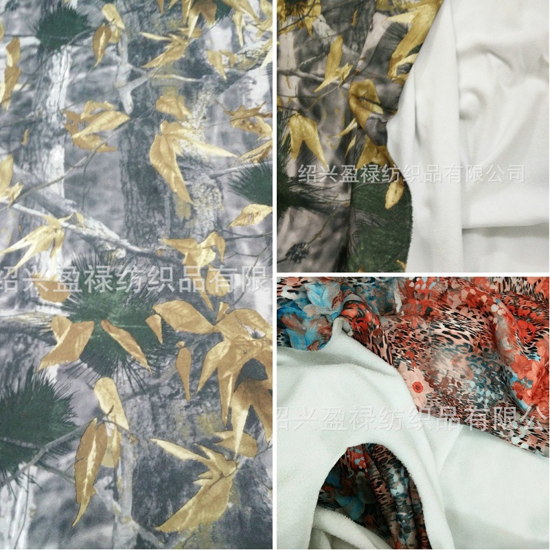 厂家直销 低弹单面印花摇粒绒针织面料大花森林迷彩花型服装面料