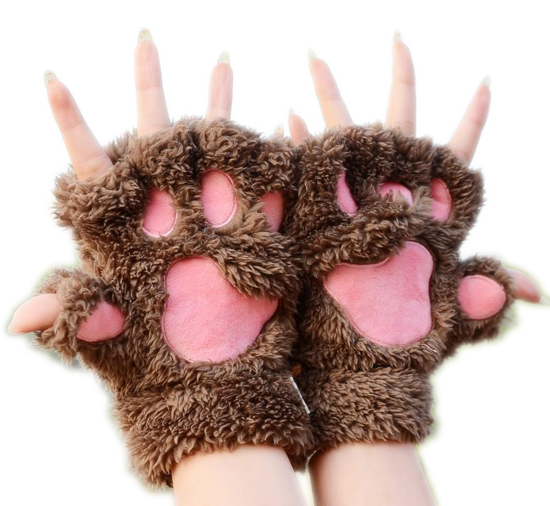 Cat Claw Gloves Winter Cute Cartoon Cat Girls' Open Finger Gloves Thickened Fluffy Bear Paw Half Finger Gloves