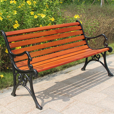 室外休闲长椅山樟实木座椅铸铁长凳 小区庭院排椅 园林户外公园椅|ms