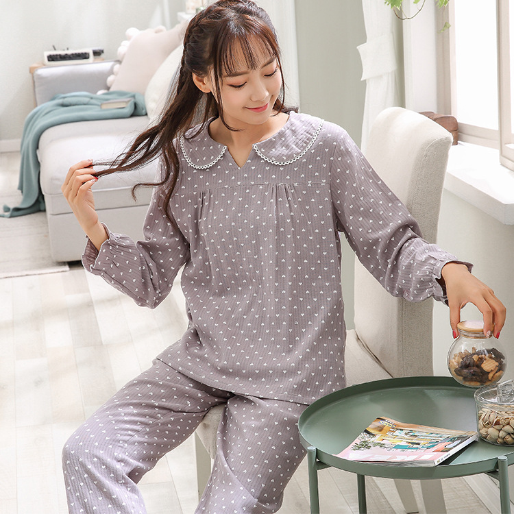春秋季睡衣女士全棉纱布套头长袖长裤二件套装娃娃翻领家居服批发|ms