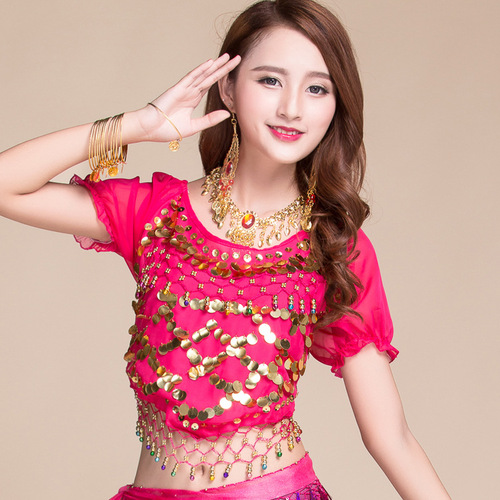 Belly dance tops Indian dance clothing practice clothes tops sequin puff short sleeves straps