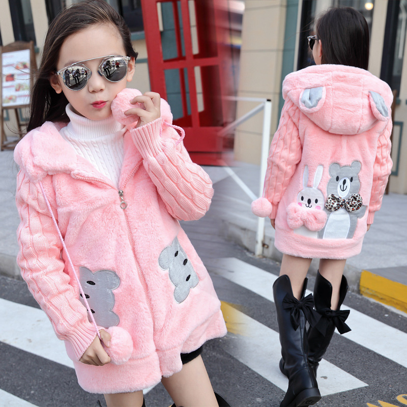 girl coat Imitation leather Grass Kids Outerwear Korean Edition thickening Cotton Mid length version cotton-padded clothes baby Wool sweater Direct selling