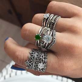 欧美饰品热卖 复古锆石绿宝石戒指套装12件套戒指白宝石戒指批发