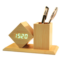 创意家居座钟 LED菱形木质笔筒钟 简约办公礼品 夜光静音电子钟