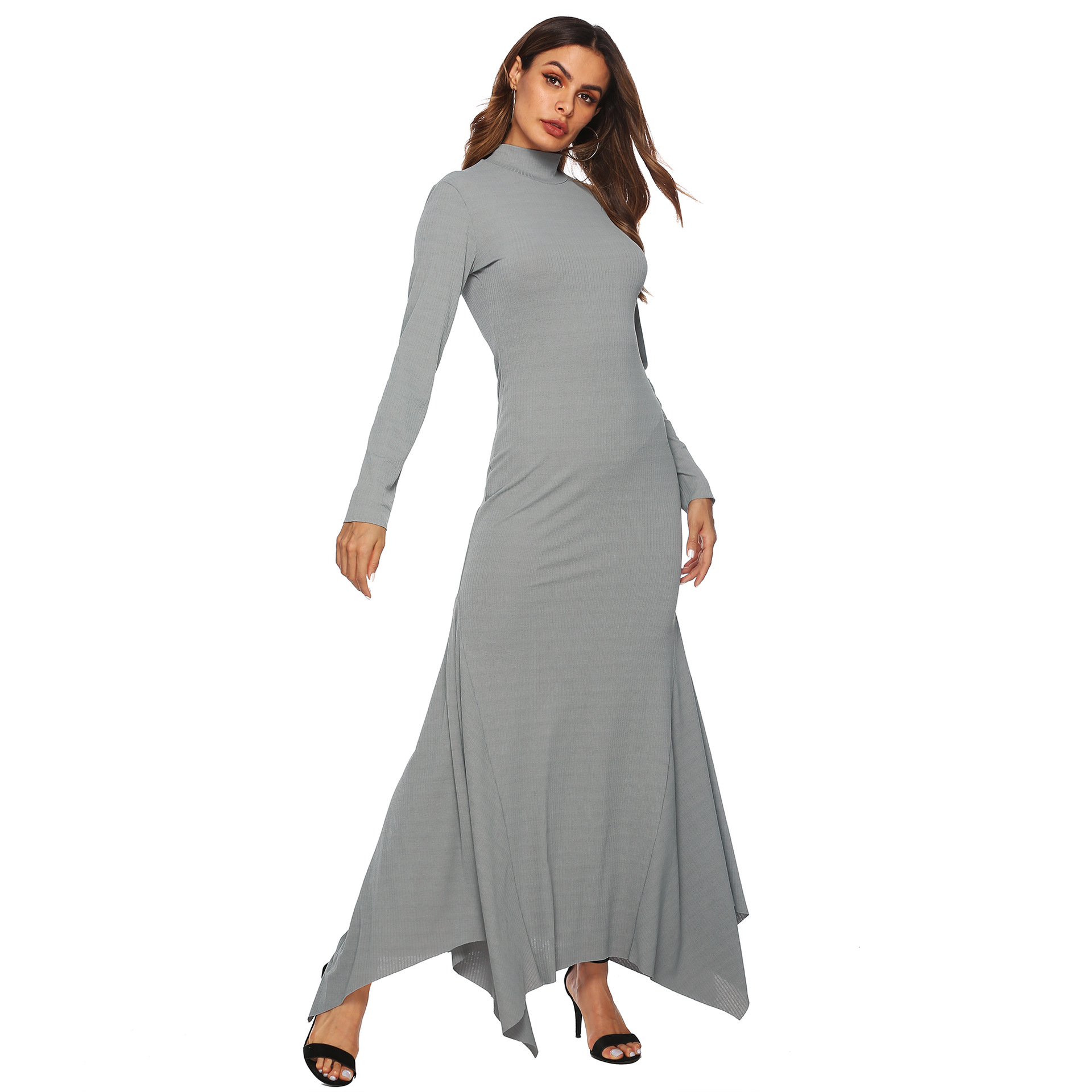 High Stretch Ribbed Turtleneck Fishtail Maxi Dress Slim Fit Asymmetrical Hem Elegant Style Wholesale Available