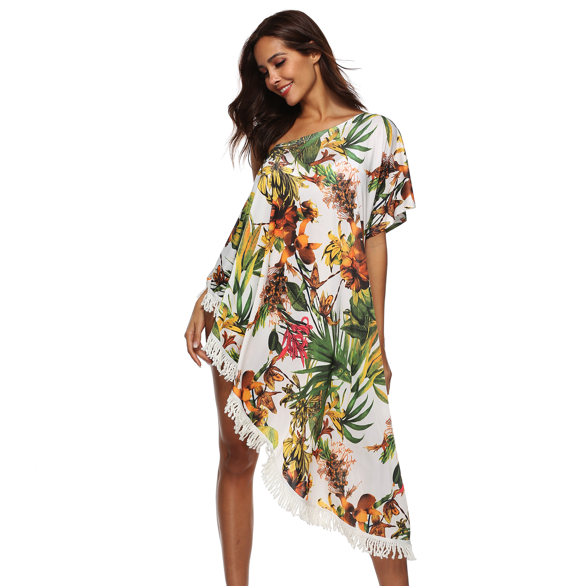 Floral Print Off Shoulder Maxi Dress Tassel Detail Irregular Hem Sun Protection Summer Casual Wear Wholesale