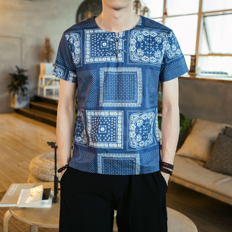 男士夏季新款亚麻短袖五分棉麻宽松大码圆领中国风居家服花T恤