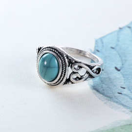 欧美外贸时尚饰品批发 复古宝石绿松石 钛钢男士戒指雕花指环