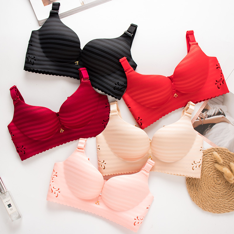 新款一片式无痕无钢圈条纹文胸镂空聚拢调整性感无缝女士内衣厂家|ms