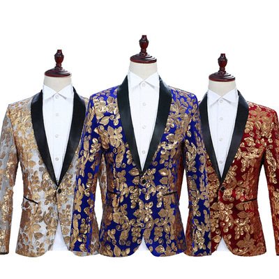 men's jazz dance suit blazers Men performance dress singer dress velveteen GOLD SEQUIN coat nightclub DJ studio photo suit