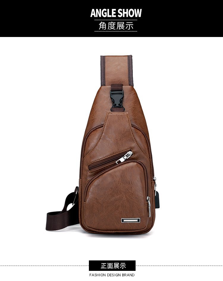 Cross -border explosion USB men's chest bag portable charging casual mesengers outdoor sports PU chest bag