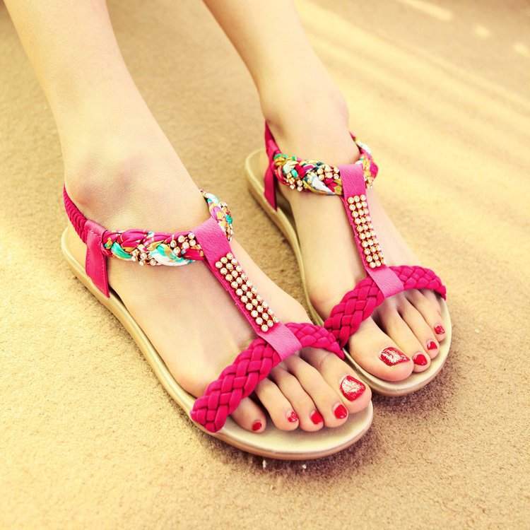2020 summer Bohemian style Flat shoes fashion Rhinestone Flat heel Sandals girl student Large wholesale