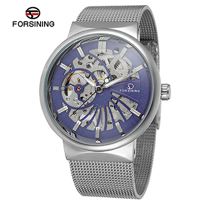 Nuevo reloj mecánico manual de la correa de acero de la moda de los hombres de FORSINING126 hueco-hacia fuera el reloj transparente del diseño para los hombres