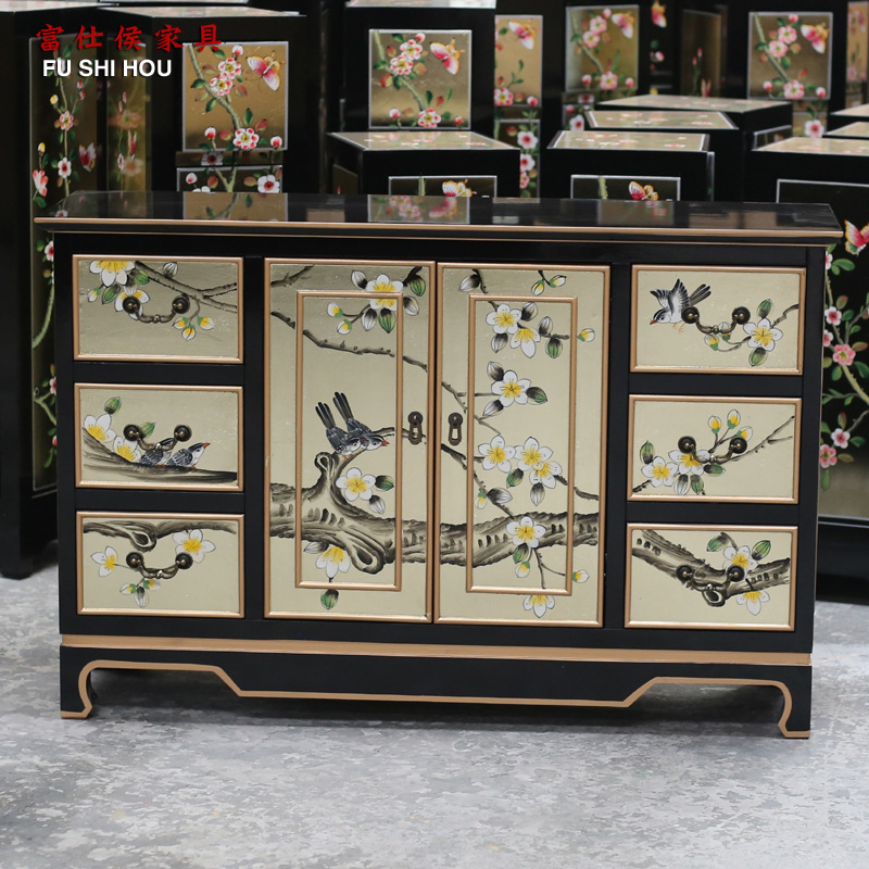 新中式玄关柜客厅屏风隔断柜沙发背后柜手绘花鸟装饰柜子家具批发