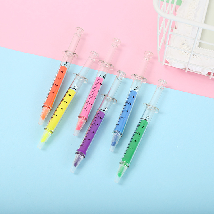 10g Weight Plastic Material Pink, Purple, Green, Blue, Yellow Color Creative Stationery Color Highlighter Funny Cute Needle Syringe Color Pen 无