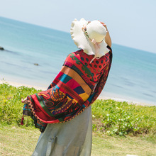 春夏季超大棉麻圍巾印花民族風海邊度假防曬披肩沙灘巾絲巾紗巾女