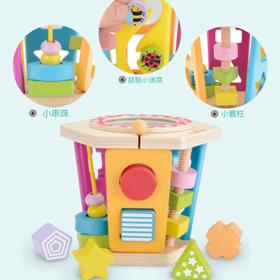 木制六面形状认知配对玩具多功能打击乐器益智儿童绕珠玩具批发|ru