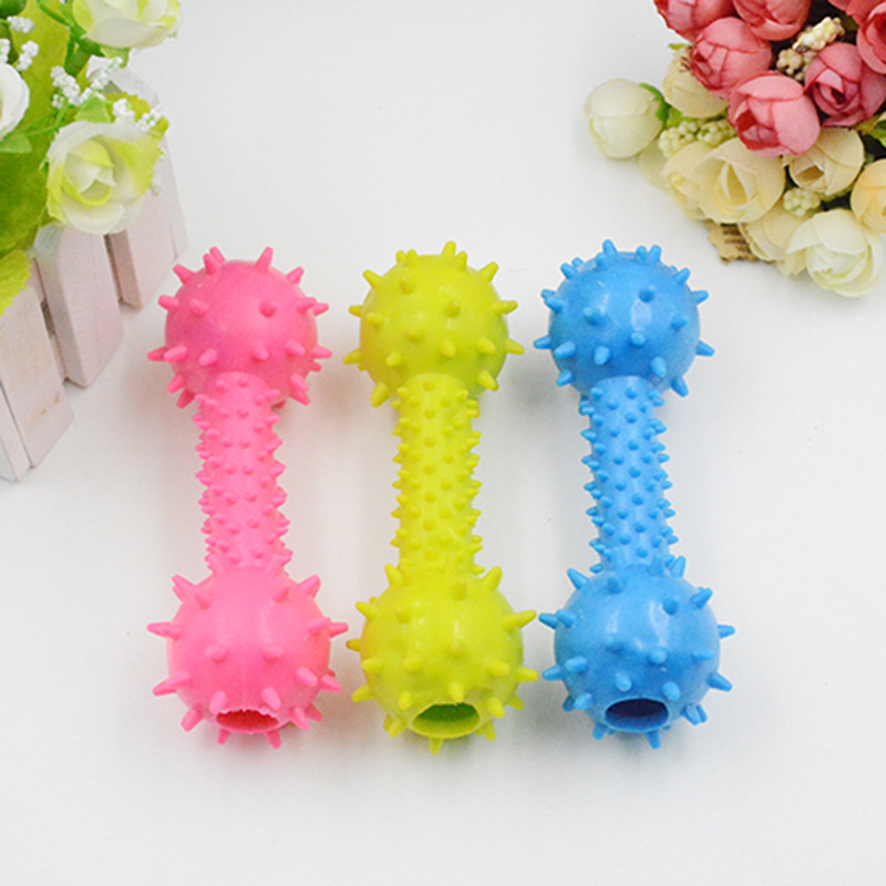 Fábrica en stock juguete para mascotas Barbell molar dientes limpieza mordedura-resistente perro de goma campana juguete TPR suministros para mascotas